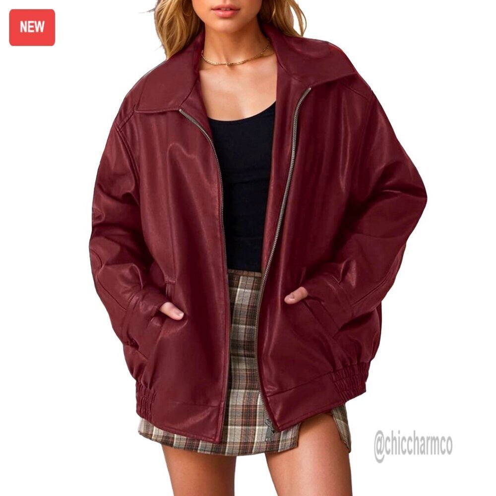 Oversized Faux Leather Motorcycle Bomber Jacket Chic Fall Winter Fashion